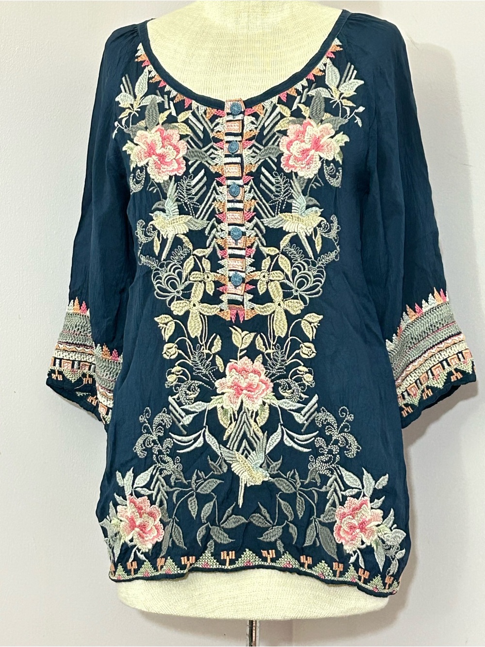 Johnny Was Embroidered Cupro Tunic Blouse